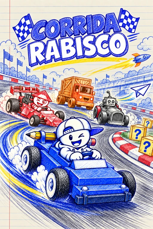 Capa de Corrida Rabisco: Rabisco derrapa no carro azul diante de Desvairado em seu carro de papel vermelho, com mais dois rivais na pista.