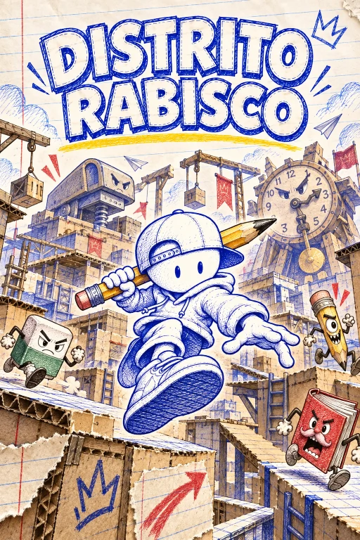 Capa de Distrito Rabisco: Rabisco salta sobre a cidade de papelão diante do chefe relógio e de inimigos de papelaria.