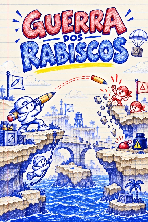 Capa de Guerra dos Rabiscos: equipes azul e vermelha duelam com lápis-bazucas entre ilhas de papel que desmoronam sobre a água.