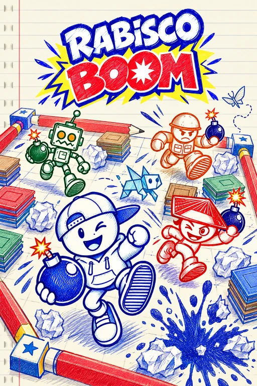 Capa de Rabisco Boom: Rabisco avança com uma bomba de tinta entre livros e bolas de papel, seguido por outros três personagens.
