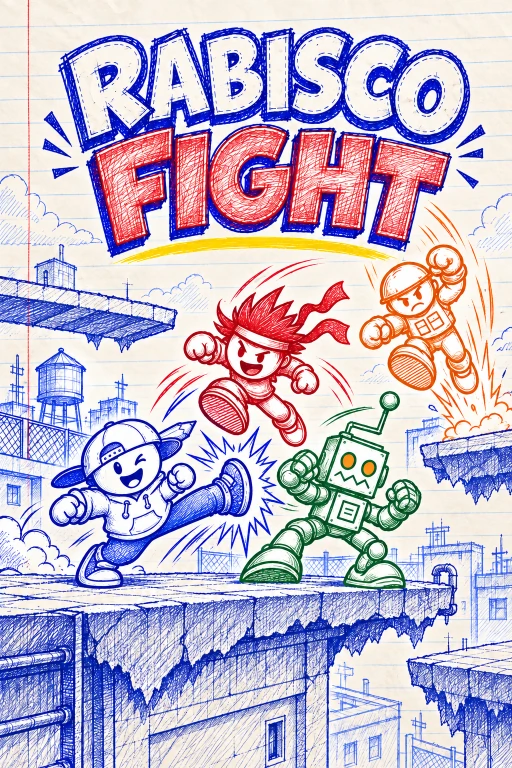 Capa de Rabisco Fight: Rabisco chuta um robô verde enquanto lutadores vermelho e laranja saltam entre plataformas de papel.